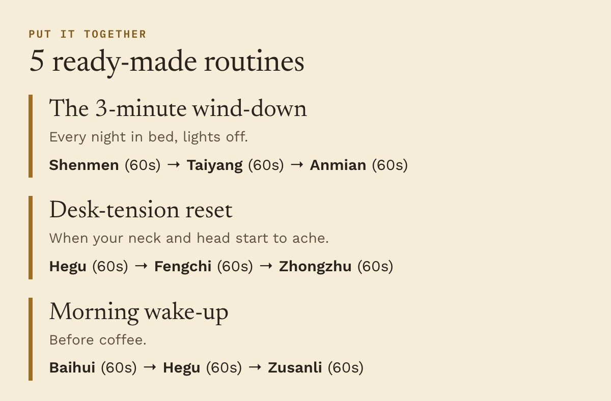 Ready-made routines: wind-down, desk-tension reset, morning wake-up